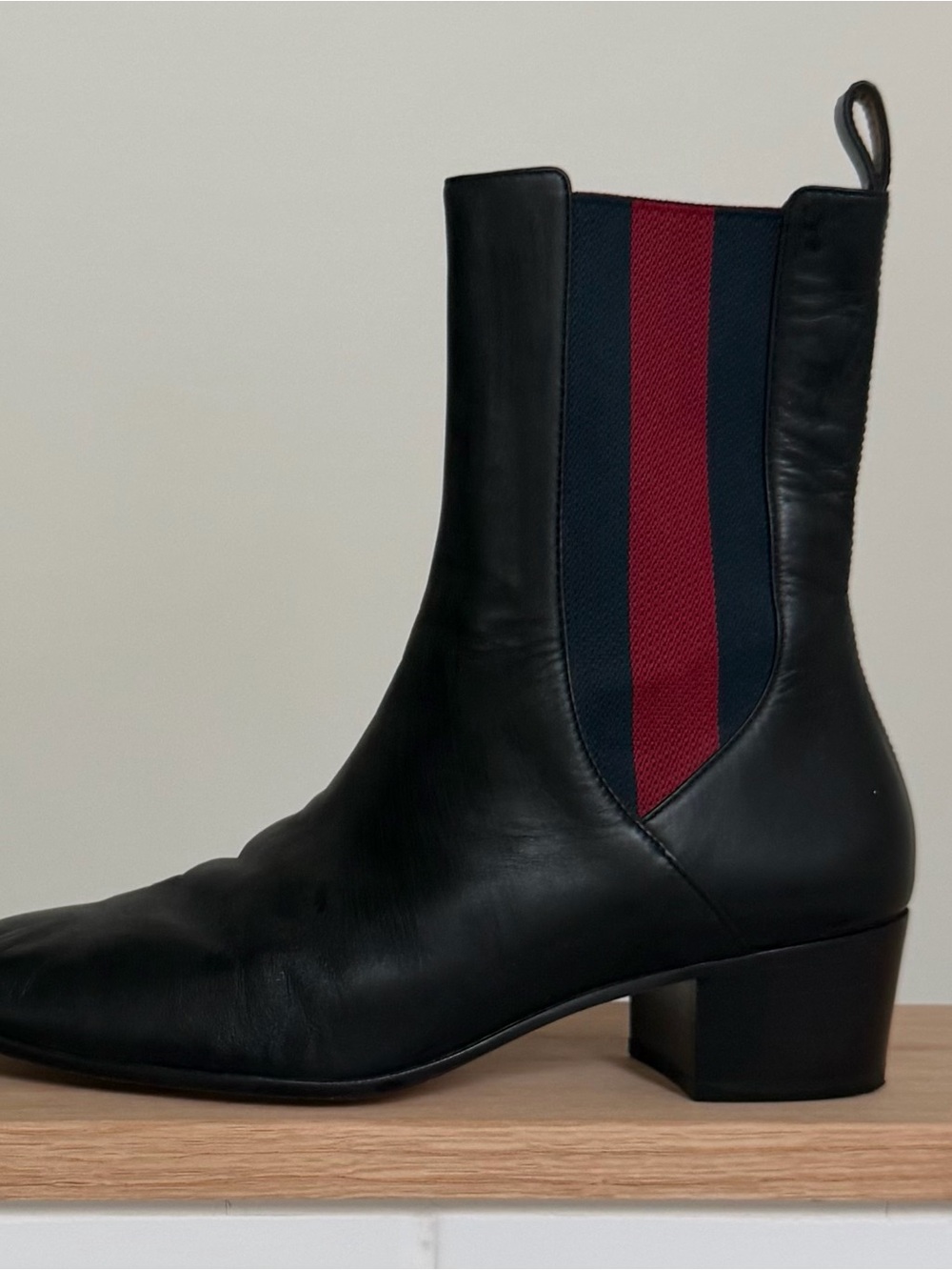 Gucci Black Leather Chelsea Boot with Red & Navy Striped Elastic / Sylvie Web